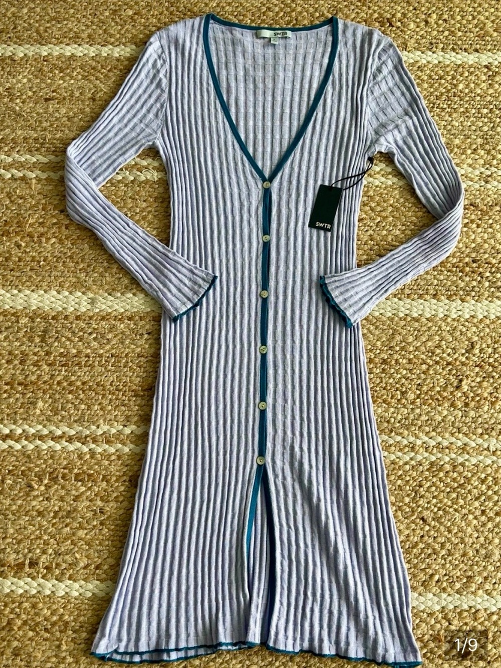 SWTR Ribbed Lightweight Knit Button Front Midi Dress Lavender/Navy